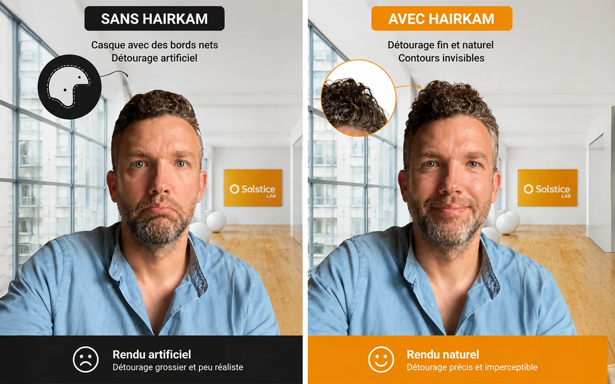 Comparaison du détourage vidéo avant et après l’utilisation de l’extension Hairkam.